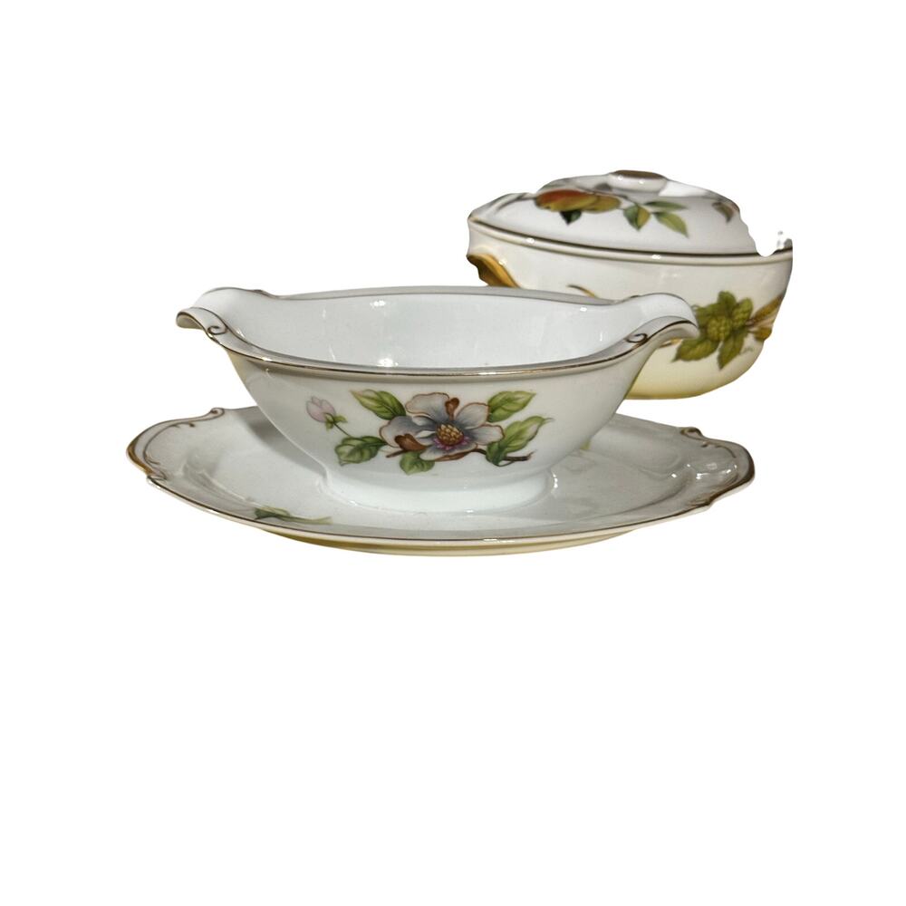 Roselyn Dogwood Gravy Boat & Attached Underplate Fine China Sauce Boat & Plate